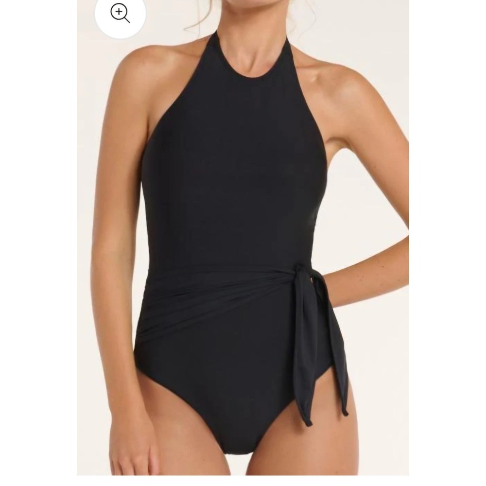 Hermoza Genevieve High Halter Neck Sash Tie One-Piece Swimsuit Black 6 NWT